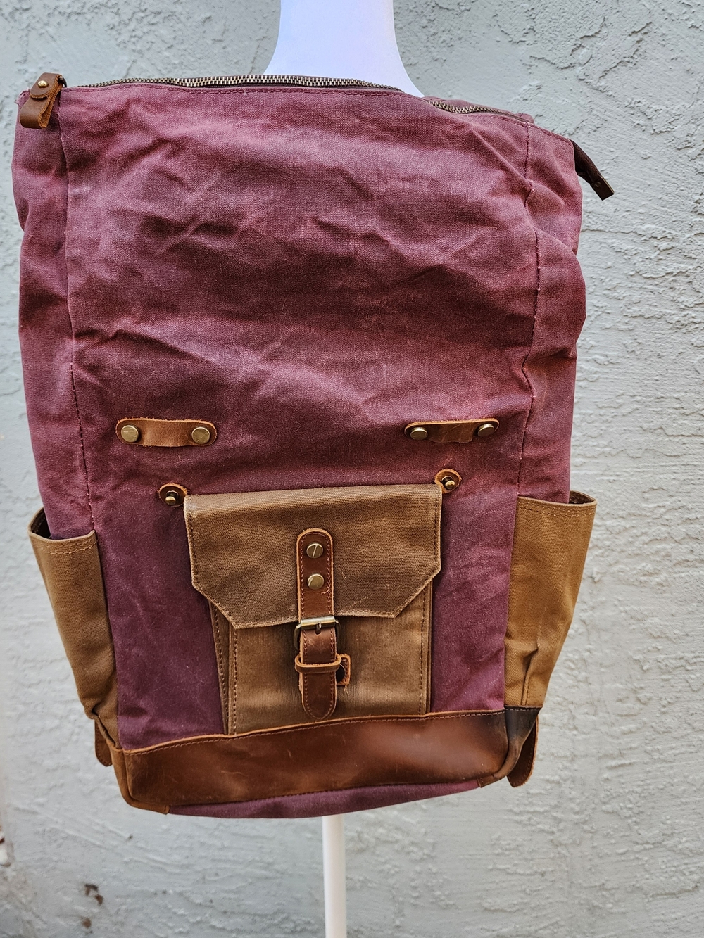Vintage Waxed Canvas & Leather Roll Top Backpack Rucksack Purple Khaki